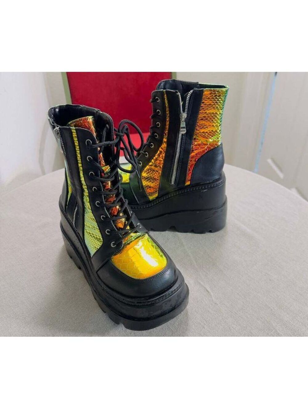 Cape Robbin Radio Holographic Python Platform Boots – Women’s Size 10
